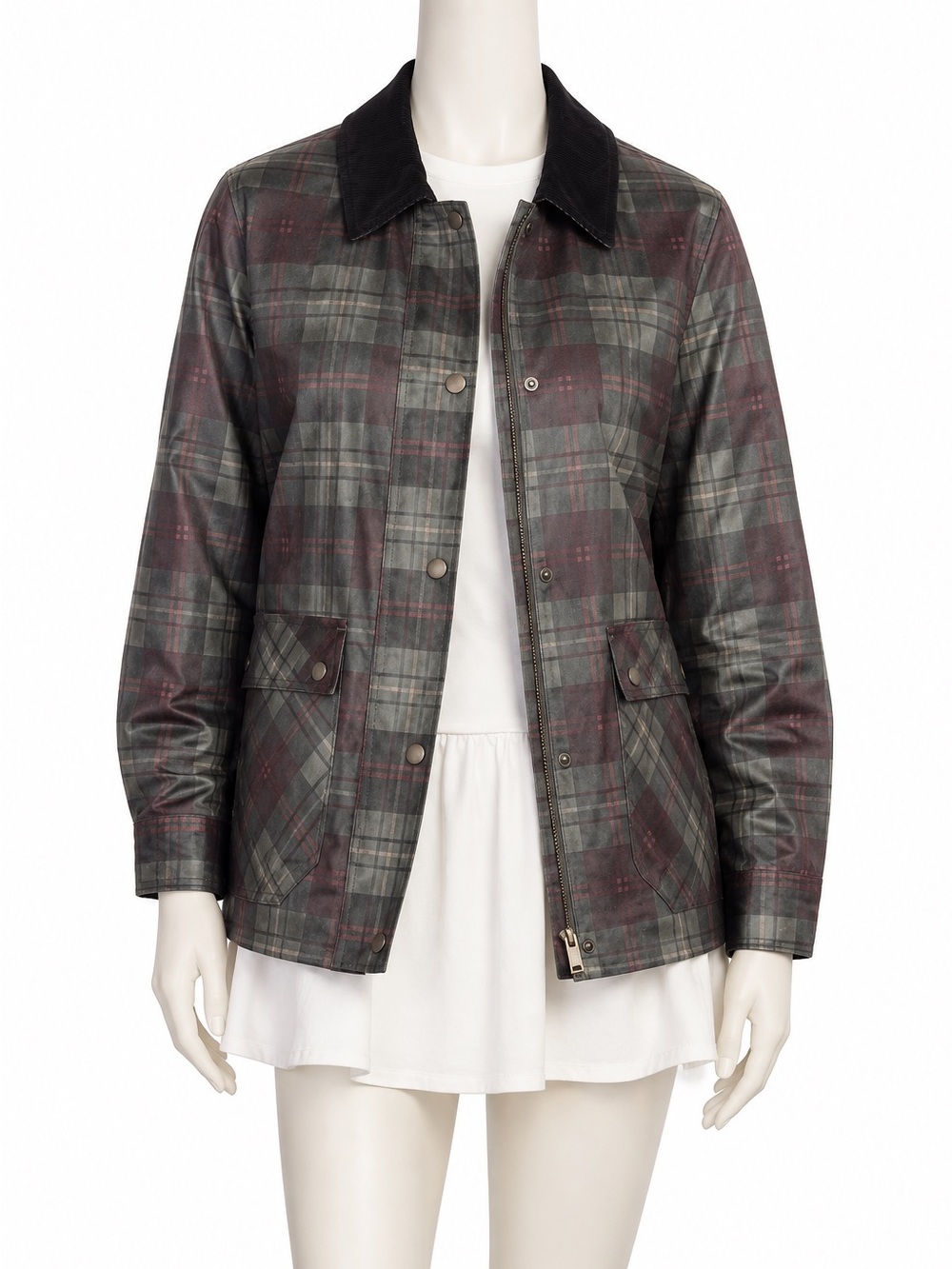 NVLT Stoosh Plaid Waxed Women’s Jacket-corduroy collar, Size M, olive plaid